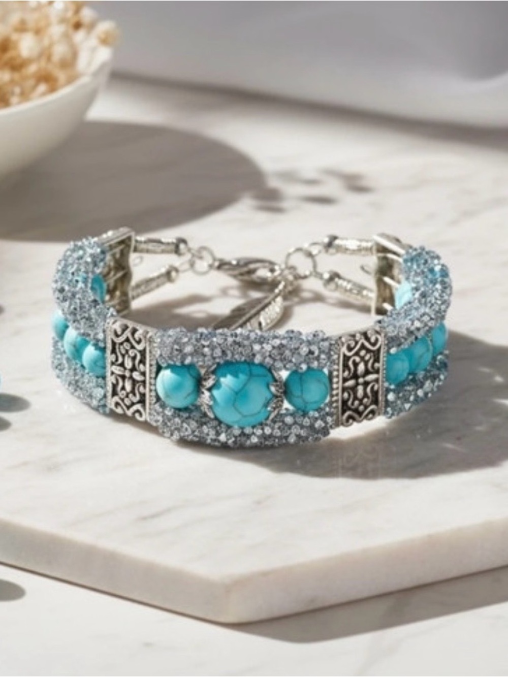 Vintage Boho Western Festival Cowgirl Turquoise Crystal Statement Bangle 7.5"